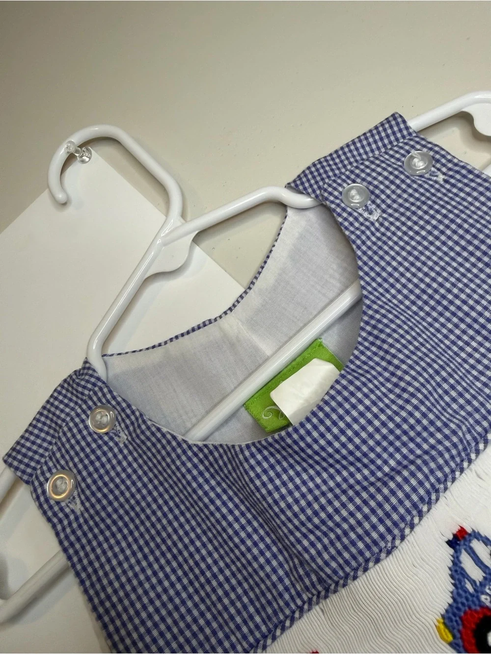 Classic Blue Gingham Smocked Police Car One-Piece for Kids